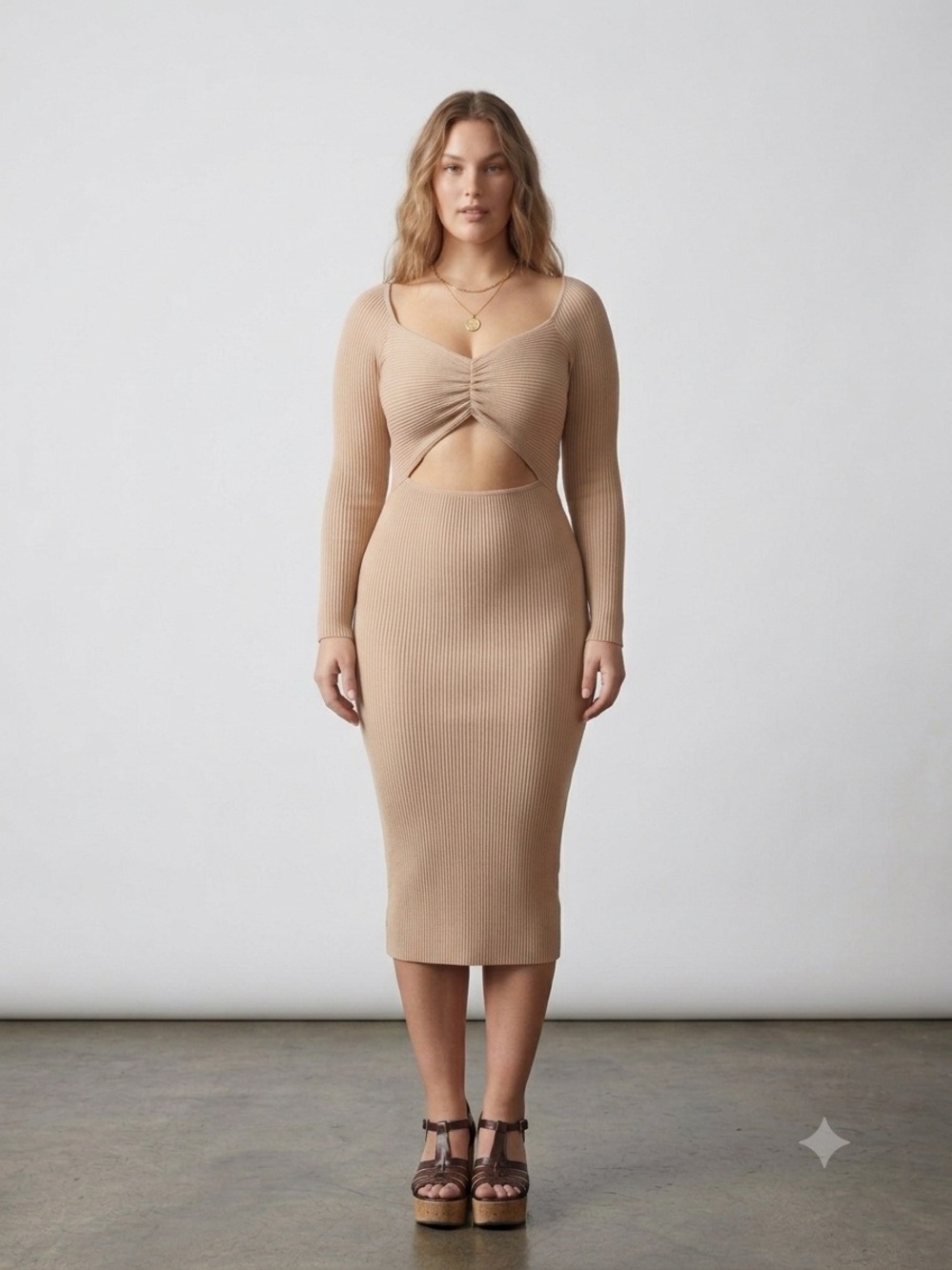 Abercrombie & Fitch Ribbed Cut-Out Midi Dress - Tan/Beige - Size Large